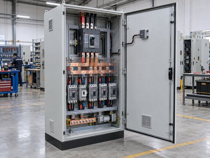 Armario eléctrico industrial abierto en un taller, referencia para tablero de fuerza