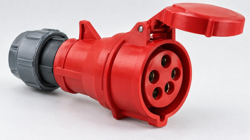 Conector industrial aéreo rojo con tapa abierta