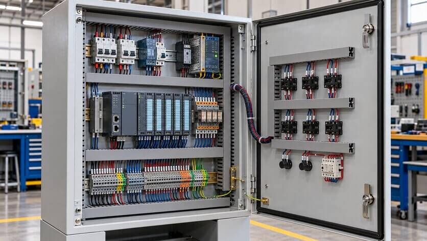 Gabinete de automatización industrial con PLC y cableado de control