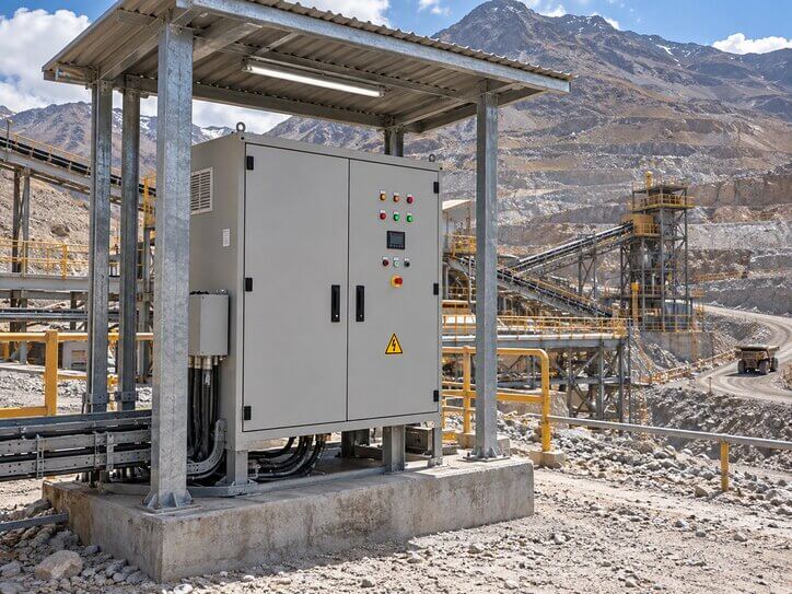 Gabinete eléctrico industrial instalado en una operación minera de montaña, imagen referencial para trabajo en campo