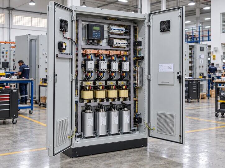 Gabinete eléctrico industrial abierto con componentes de mando y protección