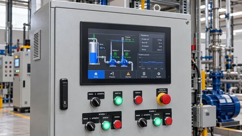 Panel de control industrial equipado con pantalla HMI