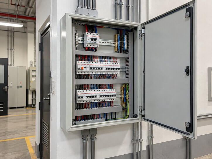 Panel eléctrico abierto en una sala industrial, referencia para tablero de servicios auxiliares