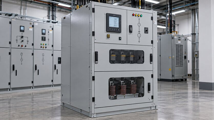 Sala eléctrica industrial con gabinetes de distribución