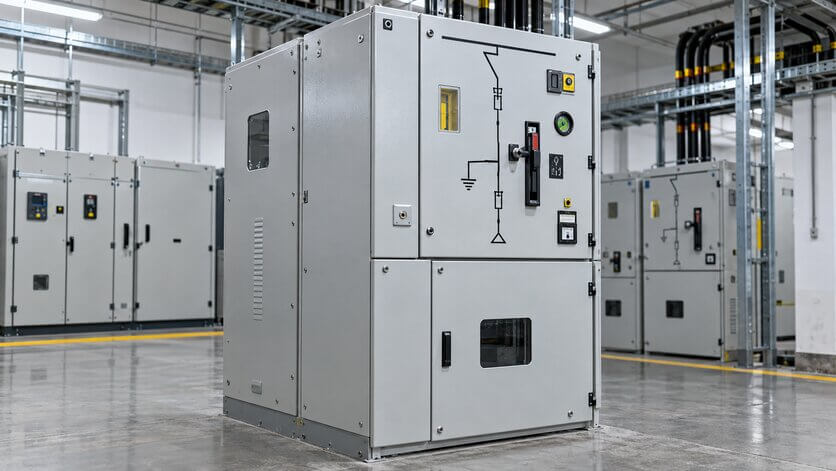 Gabinetes eléctricos metálicos en una sala industrial