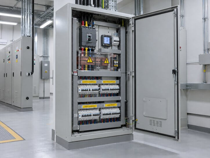 Tablero eléctrico industrial abierto, imagen referencial de distribución esencial