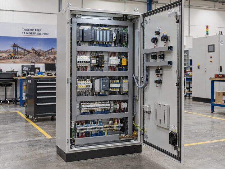 Tablero eléctrico industrial para minería, fotografía referencial de soluciones de control y automatización