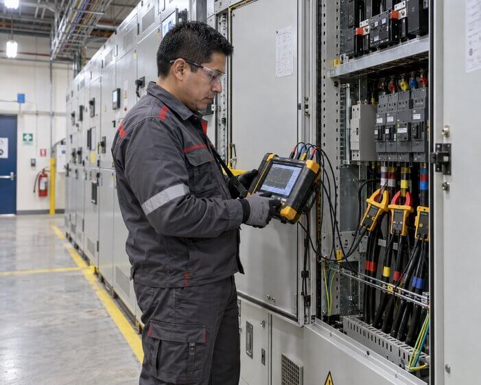 Técnico inspeccionando un tablero eléctrico industrial