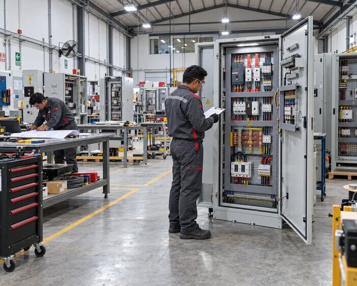 Técnicos ensamblando tableros eléctricos industriales en un taller
