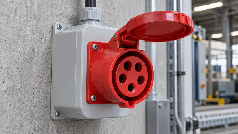 Toma industrial roja instalada en pared de concreto